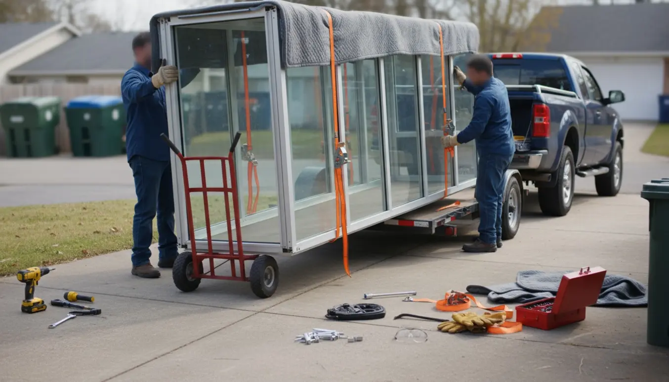 To personer løfter et glas- og metalvindfang på en håndvogn ved indkørslen, klar til kørsel til genbrugsstationen.