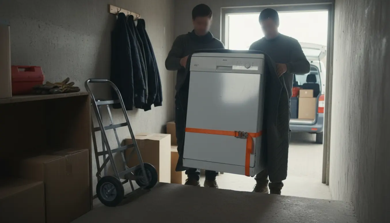 To personer bærer en hvid opvaskemaskine ned ad en smal trappe fra et pulterrum mod et åbent varevognssted.