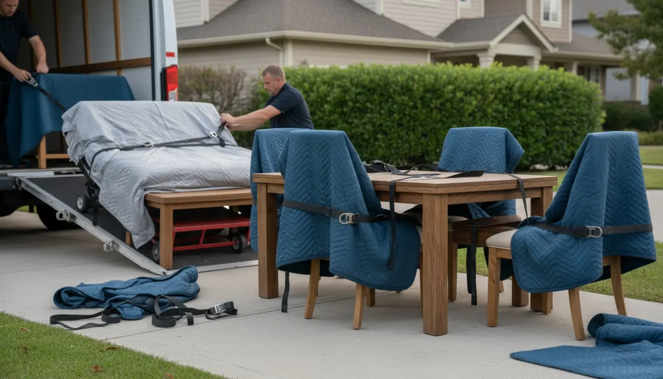 Åben flyttevogn med bord, fire stole, sofabord og sovesofa pakket med flyttetæpper og stropper klar til afhentning.