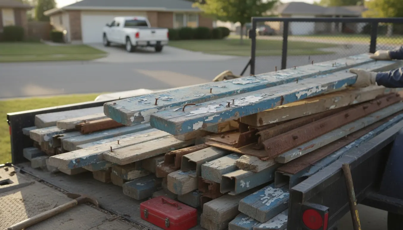 Malede træplanker og jern fra en gammel carport stablet i en trailer klar til afhentning.