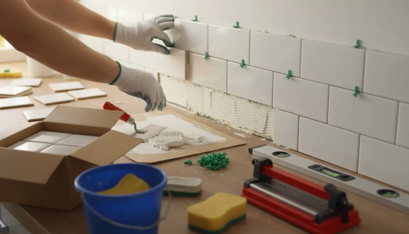Hænder monterer keramiske fliser på køkkenets bagvæg med værktøj og materialer i naturligt lys.