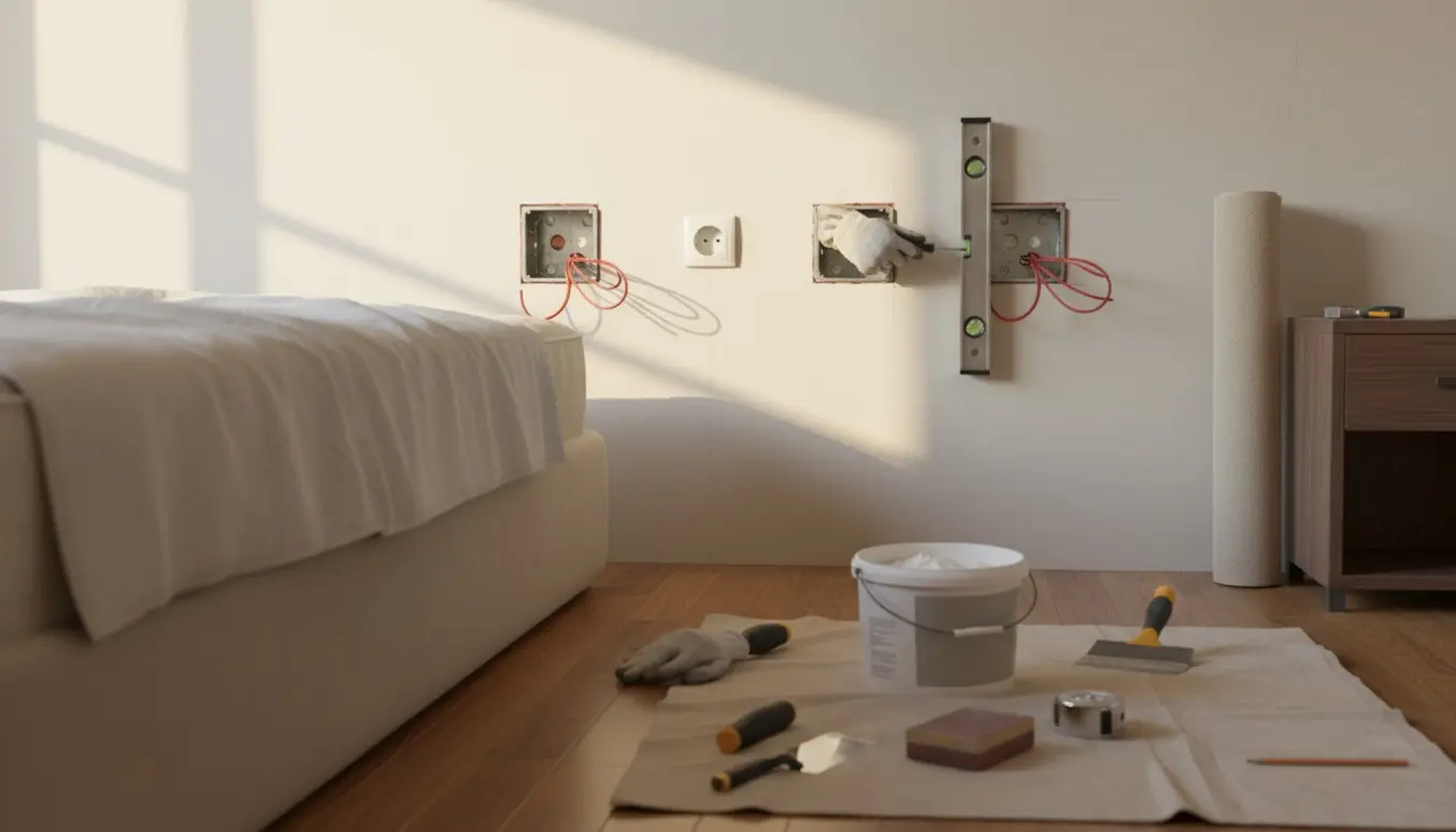 Nærbillede af væg ved seng med udskårne huller til to nye dobbelte stikkontakter og værktøj klar.