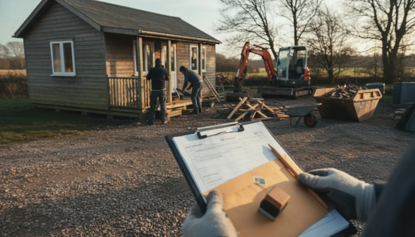 Lille træfritidshus klargjort til nedrivning med værktøj, container og slørede tilladelsesdokumenter på en clipboard.