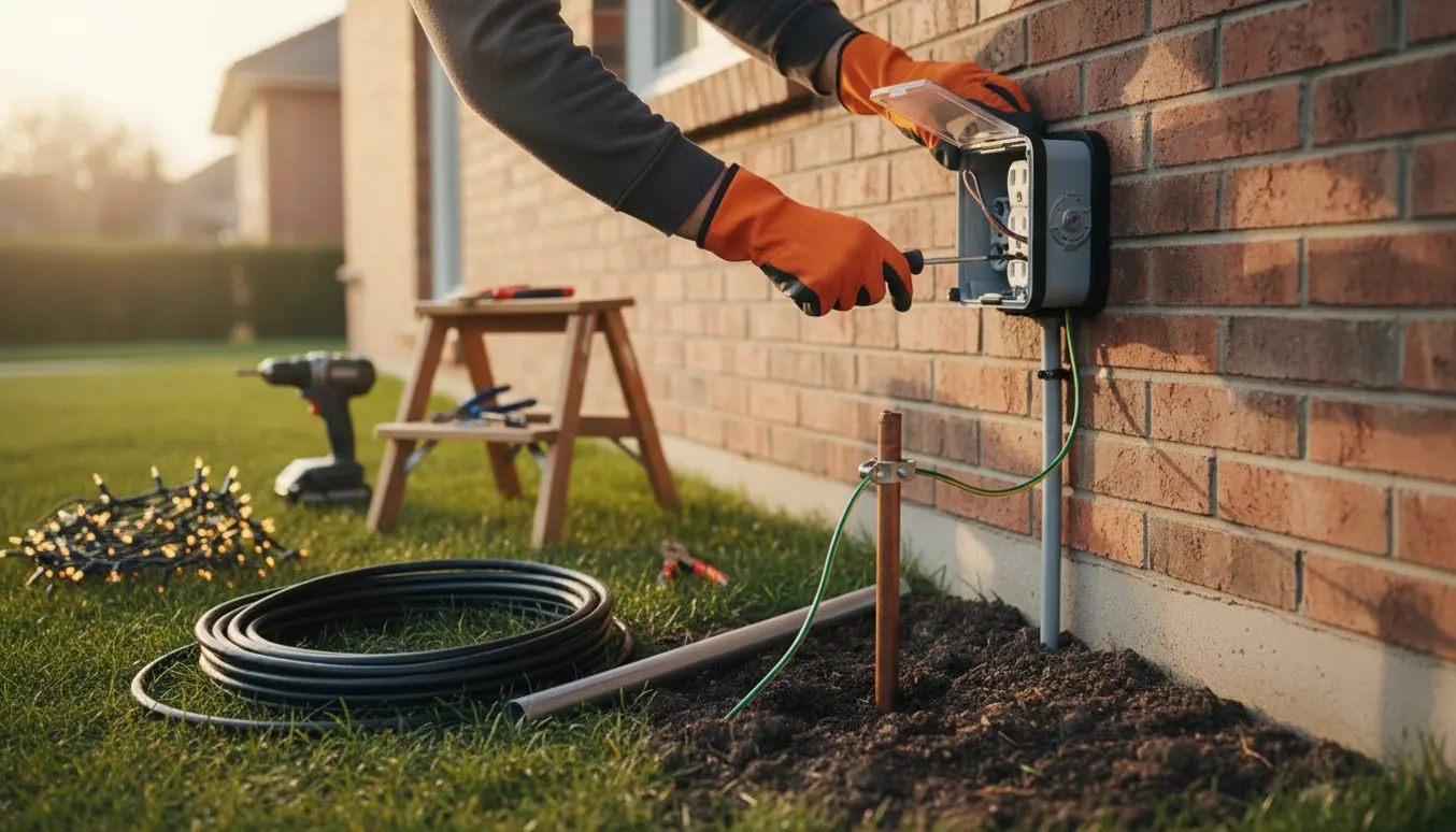 Hænder installerer et vejrsikkert udendørs el‑stik ved husmuren med jordspyd og julelys klar til ophæng.