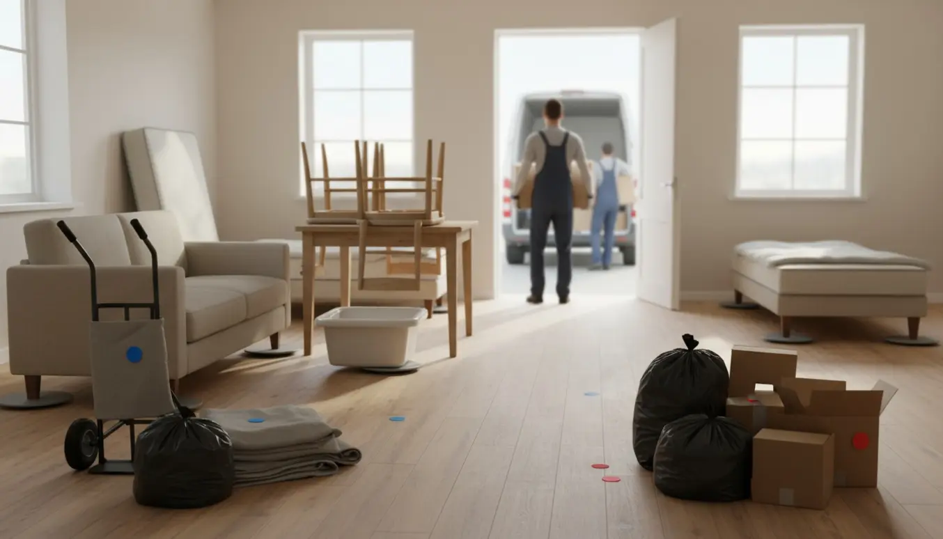 Møbler fra en stuelejlighed samlet til afhentning: sofa, spisebord, stol, seng og vask ved døren.