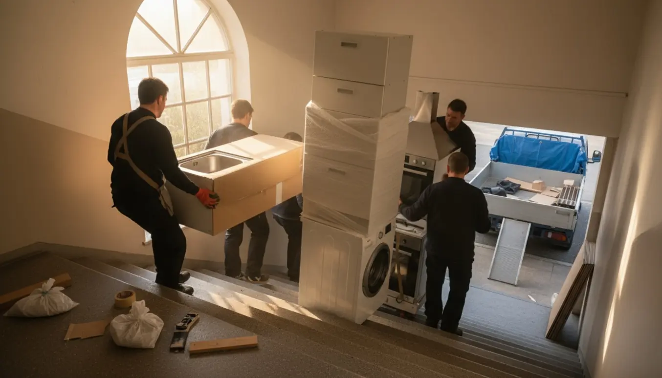Flyttefolk bærer afmonterede køkkenskabe og hvidevarer ned ad trappen mod en ventende varebil.