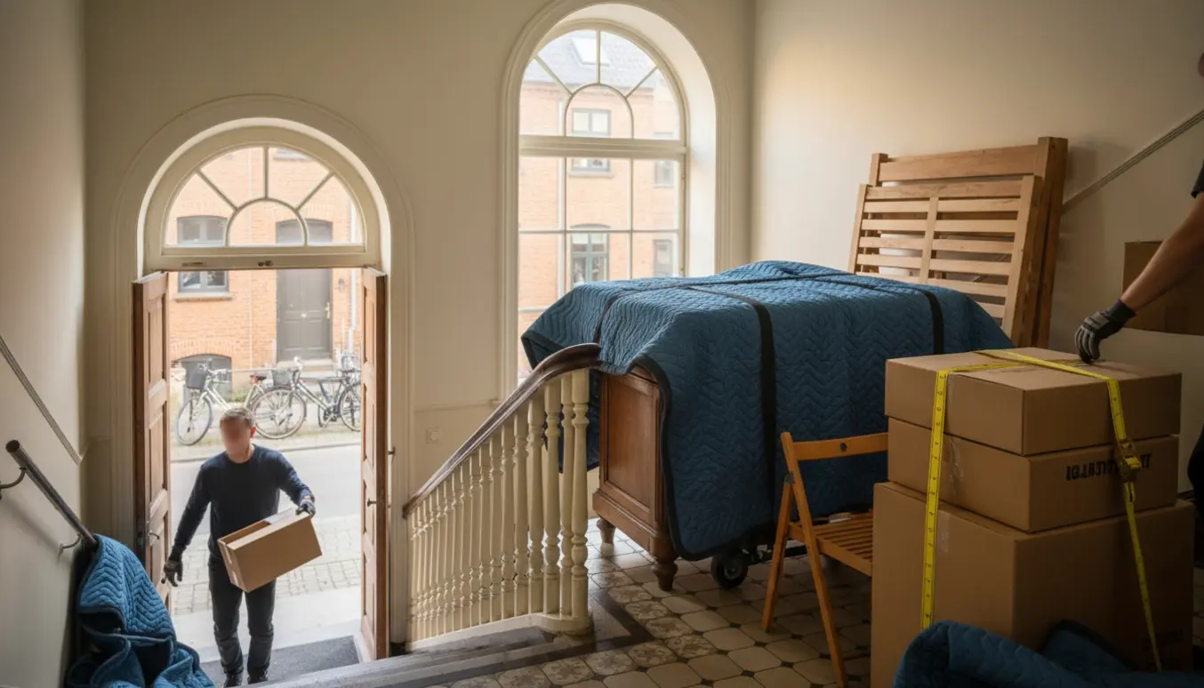 Flytning i en lys lejlighedsopgang på Østerbro med et pakket skrivebord, en adskilt sengeramme og stabler af flyttekasser klar til transport.