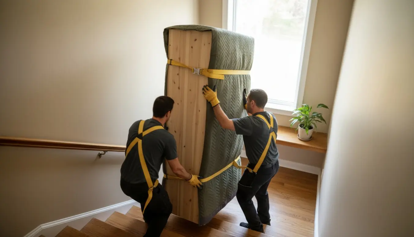To personer bærer et højt skab op ad en trappe i naturligt dagslys, pakket ind i flyttetæpper og sikre stropper.