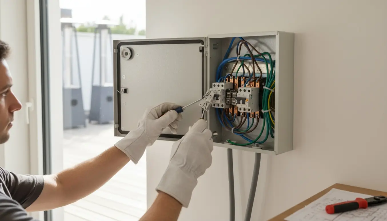Åben eltavle med en tekniker i handsker, der udskifter en afbryder, og kabler til terrassvarmere i baggrunden.
