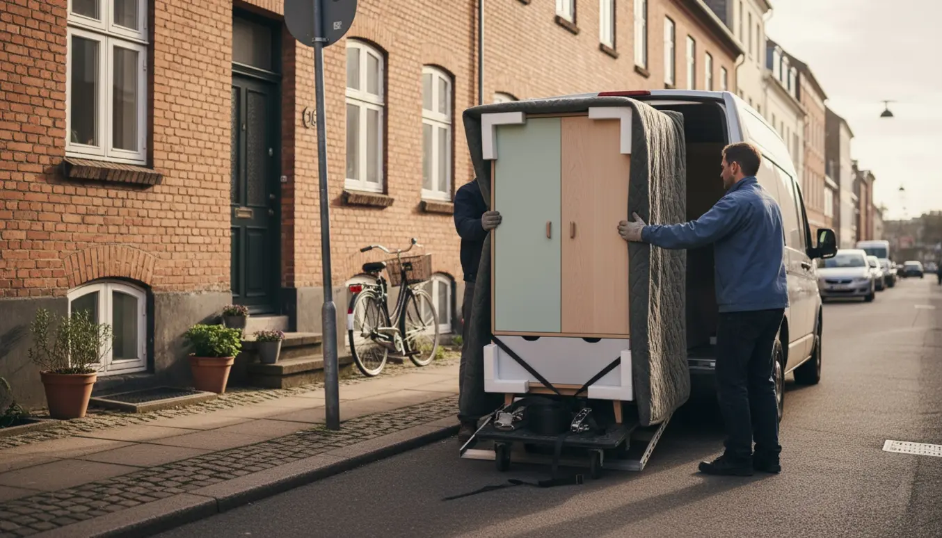 Et børneskab bliver forsigtigt læsset ind i bagenden på en lille flyttevogn på en rolig københavnsk gade.