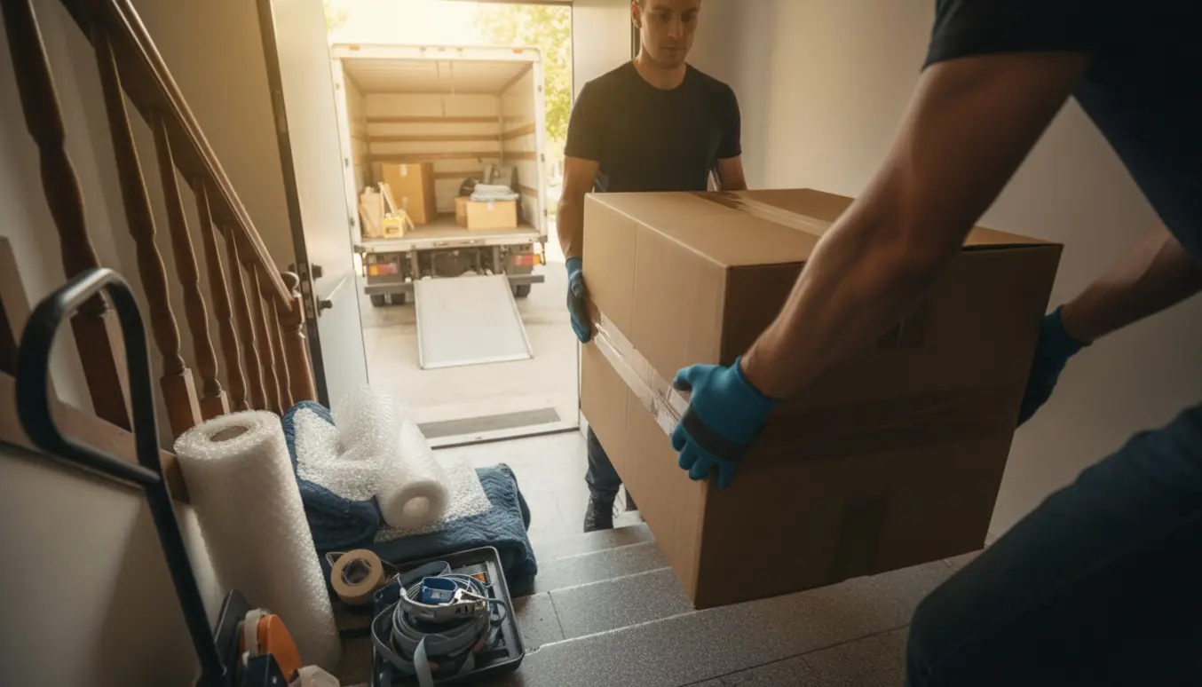 To personer bærer en stor kasse ned ad trappen og pakker en flyttebil udenfor lejligheden.