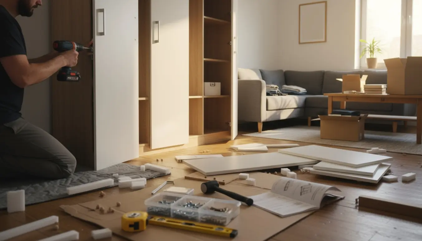 Stor PAX-lignende garderobe samles i en lille lejlighed med paneler, værktøj og flyttekasser omkring.