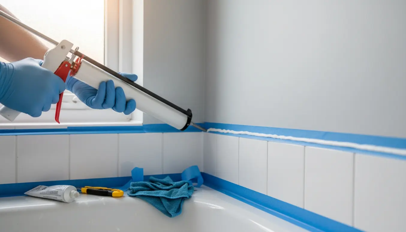 Nærbillede af hænder, der fuge mellem fliser og nymalet væg i et lille badeværelseshjørne.