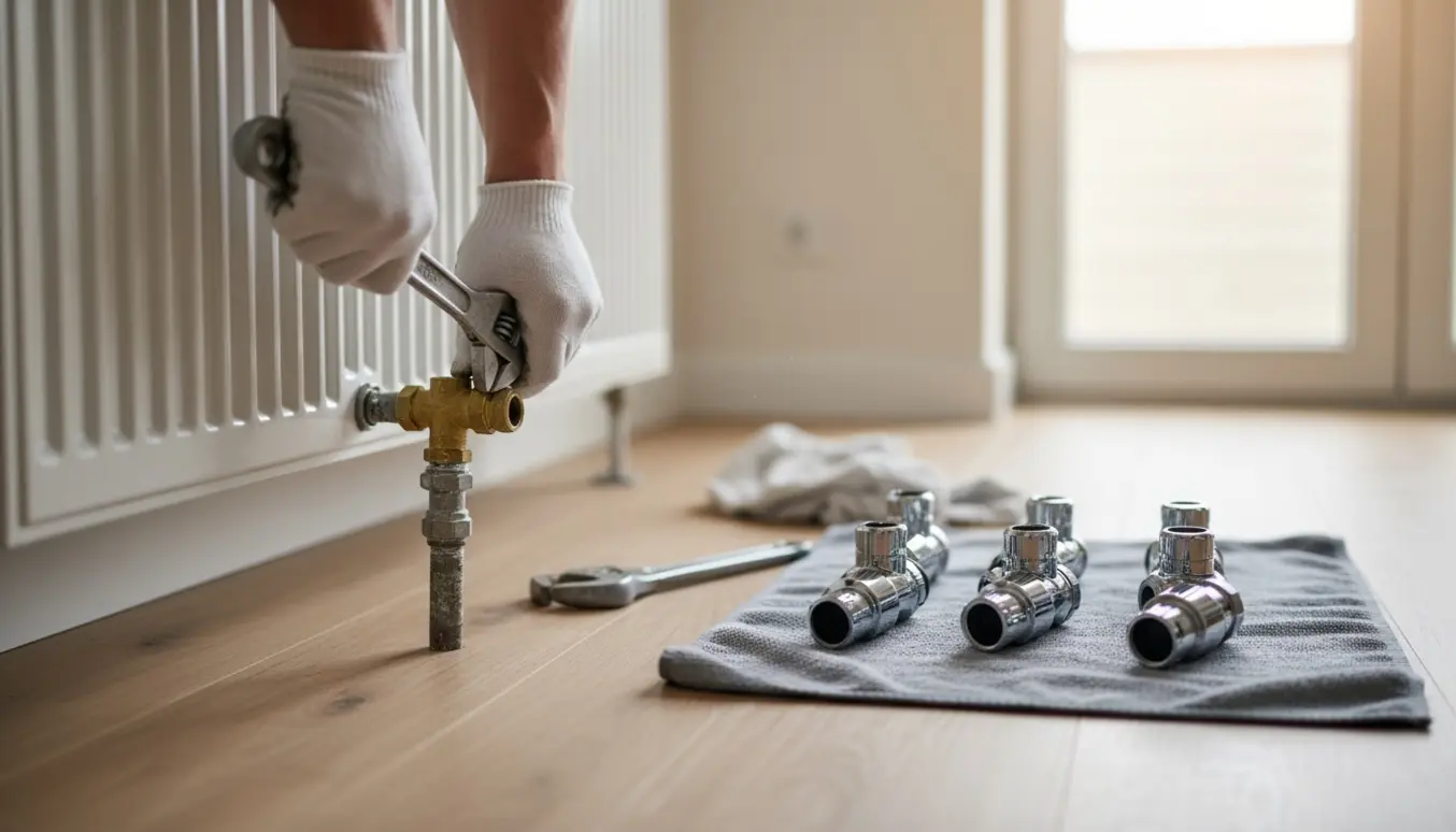 Hænder skifter gamle radiatorventiler, med fem nye termostater klar på en klud.
