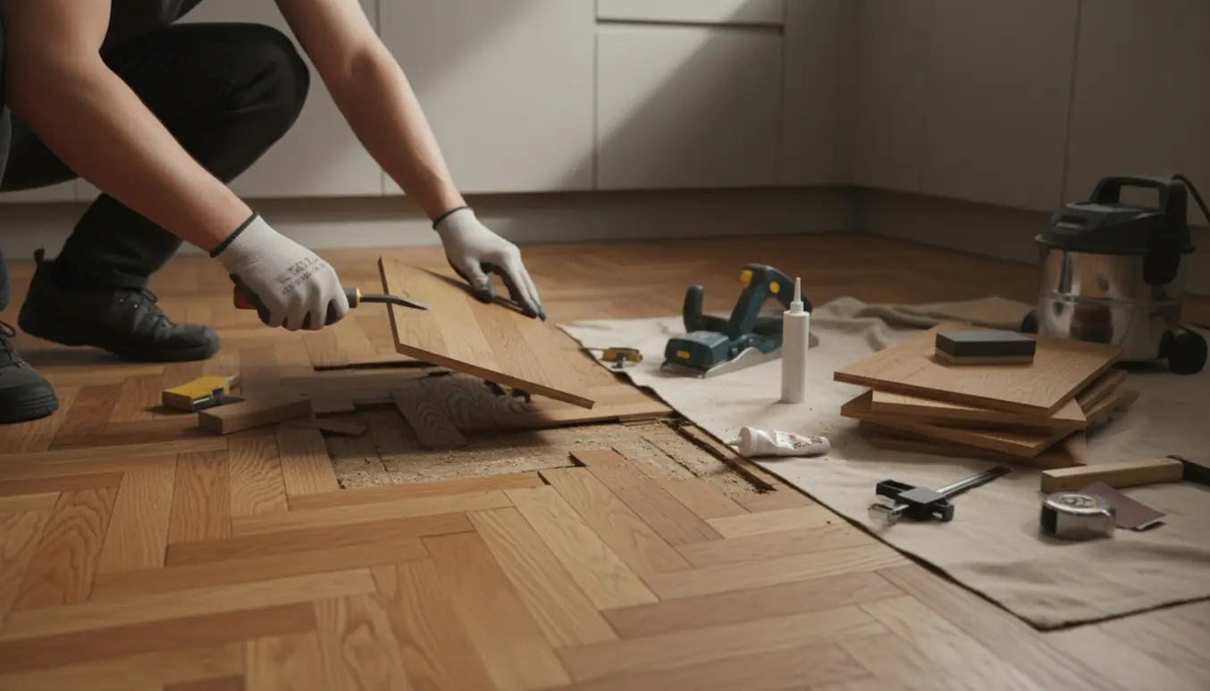 Reparation af beskadiget 3-stavs parket i et køkken med løftede brædder og værktøj klar til udskiftning.