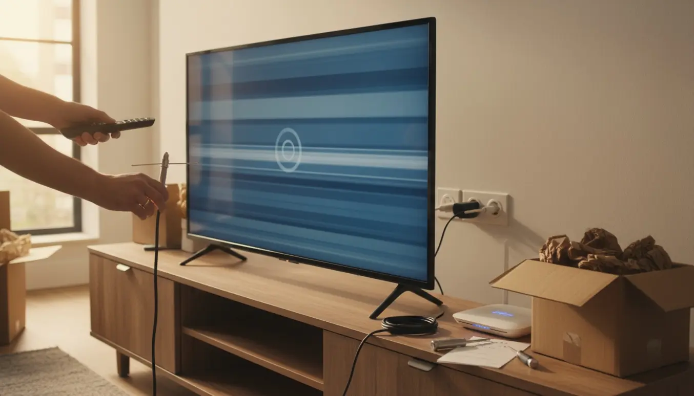 Hænder tilslutter antennekabel til et moderne fladskærms-tv i en nyindflyttet stue.