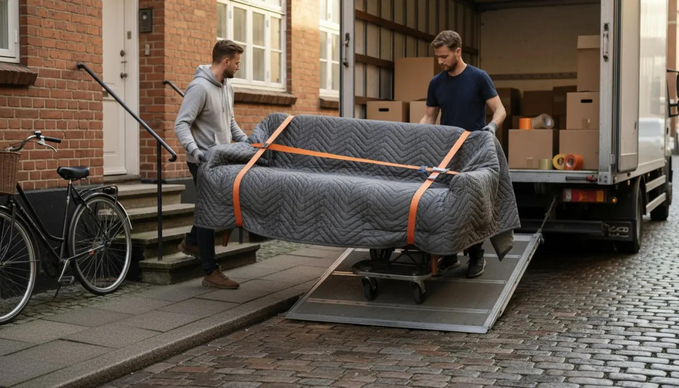 Sofa indlæses i flyttebil foran en rødstensbygning i Aarhus C, med flyttere uden synlige ansigter.