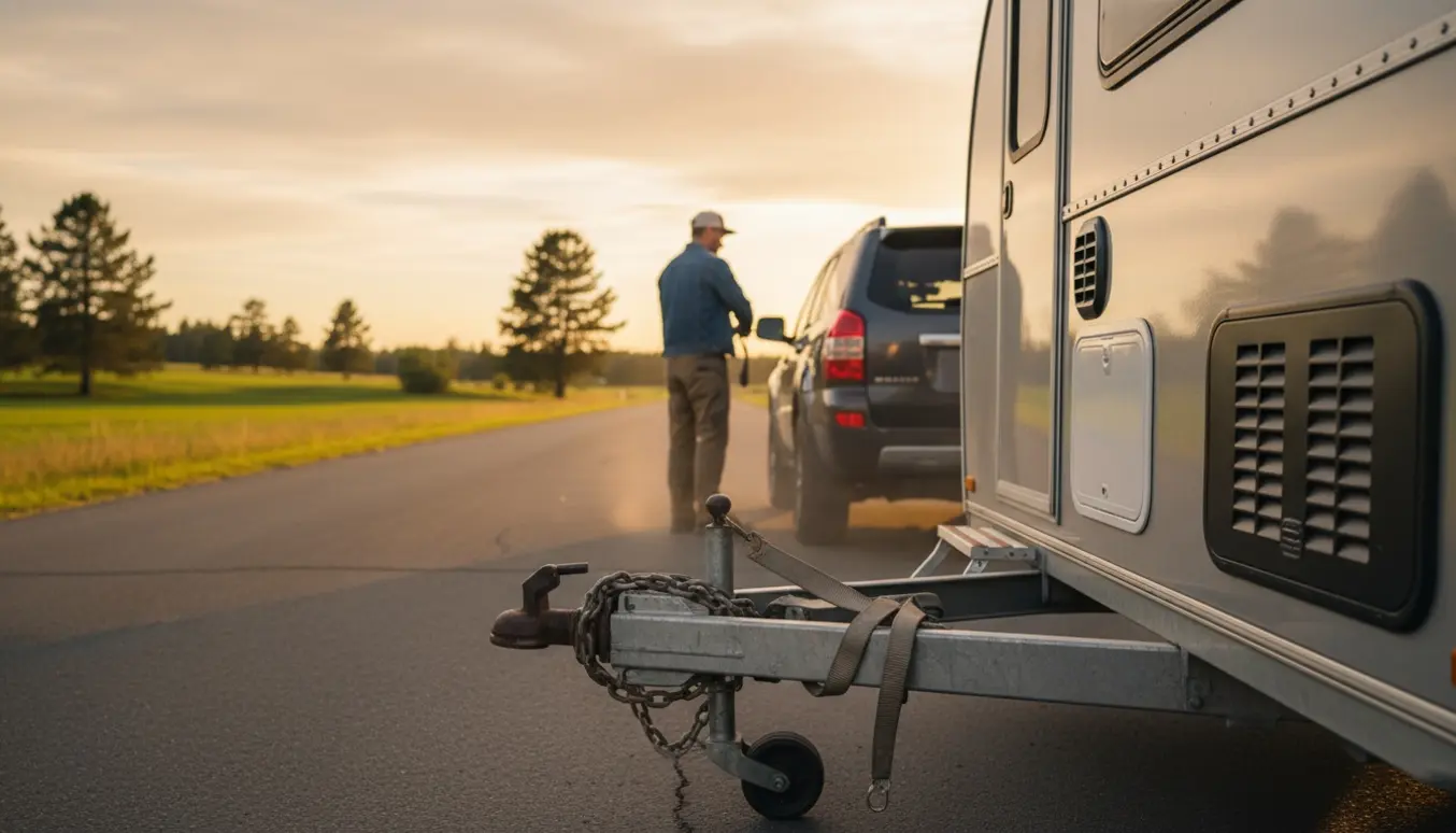 Lille campingvogn trukket af en SUV på en landevej med fokus på anhængertræk og sikkerhedsstropper.