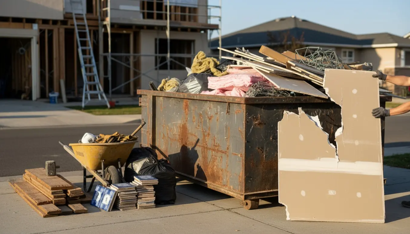 Byggeaffald fra en husrenovering læsses i en stor container med værktøj og materialer i forgrunden.