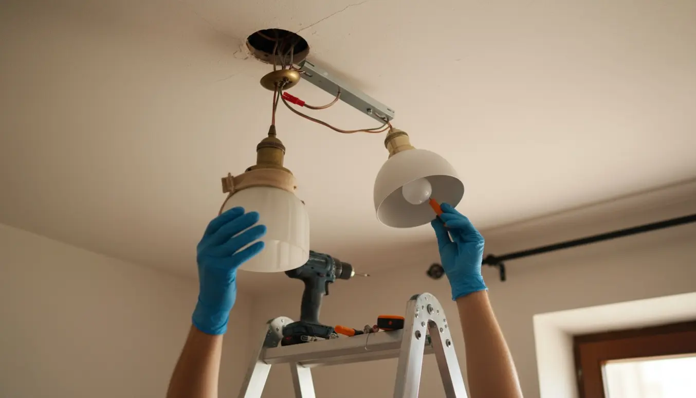 Nærbillede af hænder, der monterer og justerer to loftslamper i et ældre gipsloft.