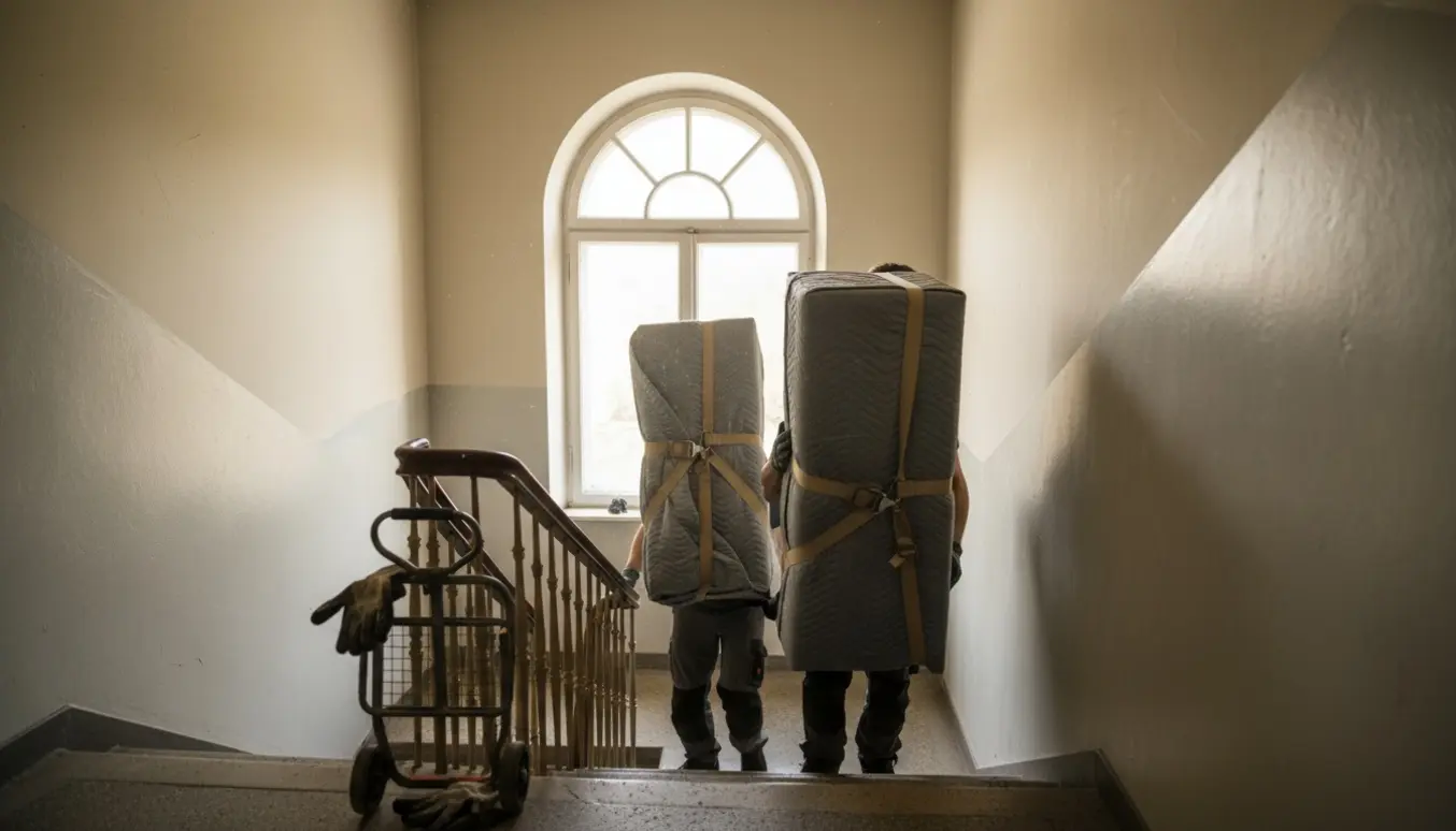 To personer bærer to Besta-reoler op ad en oplyst trappe til tredje sal med tæpper og stropper.