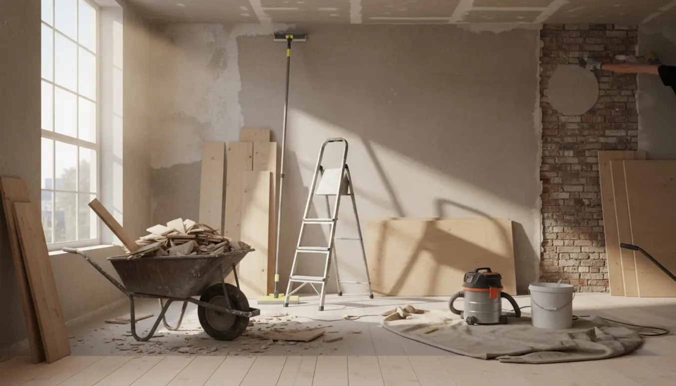 Indendørs renovering med fjernet væg, udbedret gulv og loft klar til maling og værktøj i forgrunden.