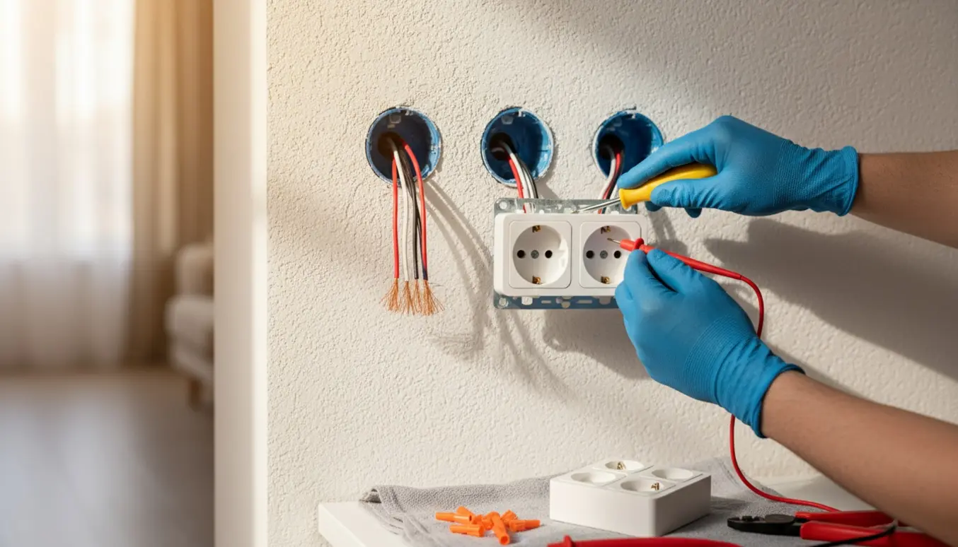 Hænder udskifter en 3-gangs stikkontakt med åbne dåser og værktøj på en væg.