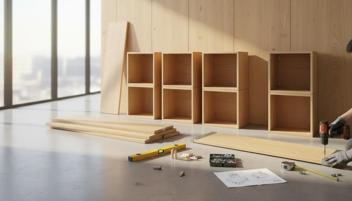 Montering af flere kubikreoler og hylder i et lyst rum med værktøj og et langt gulvpanel.