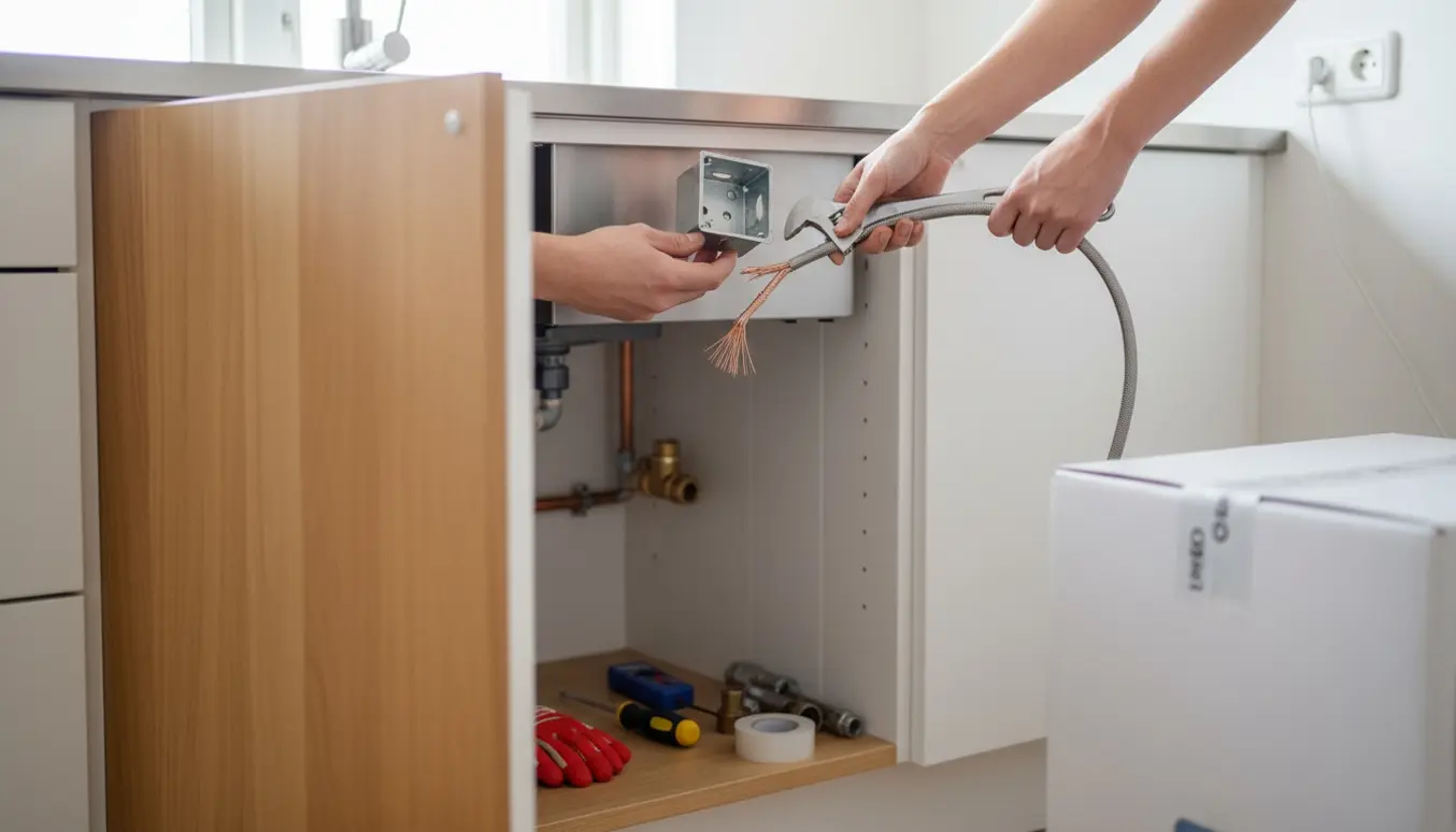 Hænder monterer en ny stikkontakt og vandtilslutning til opvaskemaskine i et køkkenskab under håndvasken.