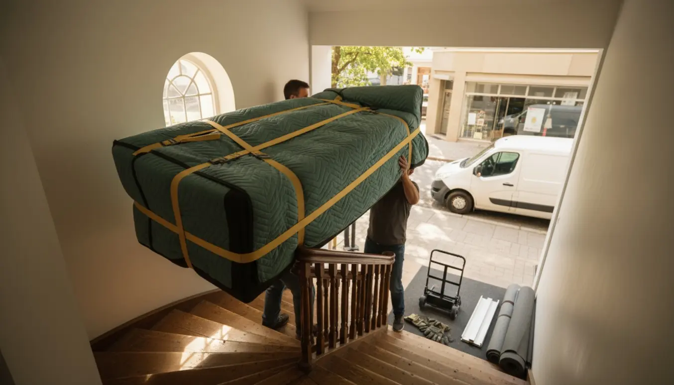 To flyttemænd bærer en indpakket sovesofa op ad en smal trappe til 2. sal, med en varevogn udenfor.