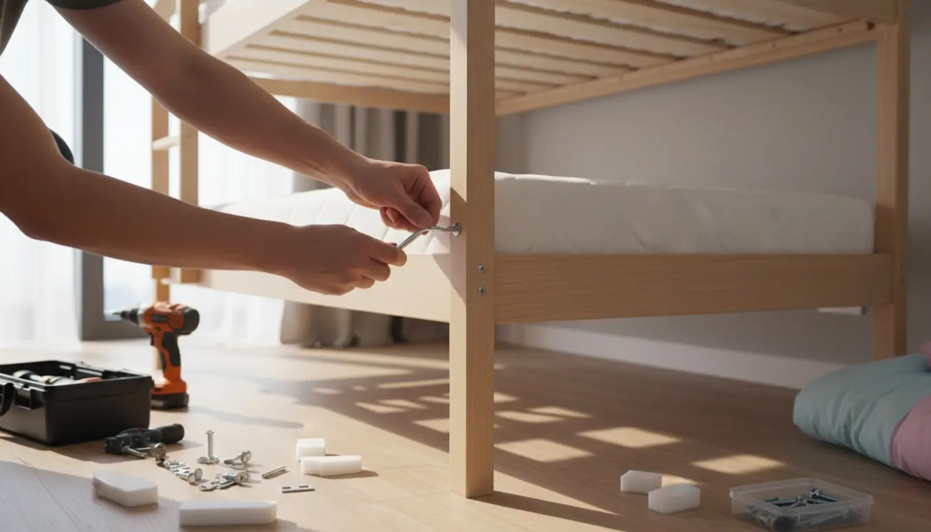 Hænder samler en ny køjeseng i et lyst værelse med værktøj og pakkematerialer.