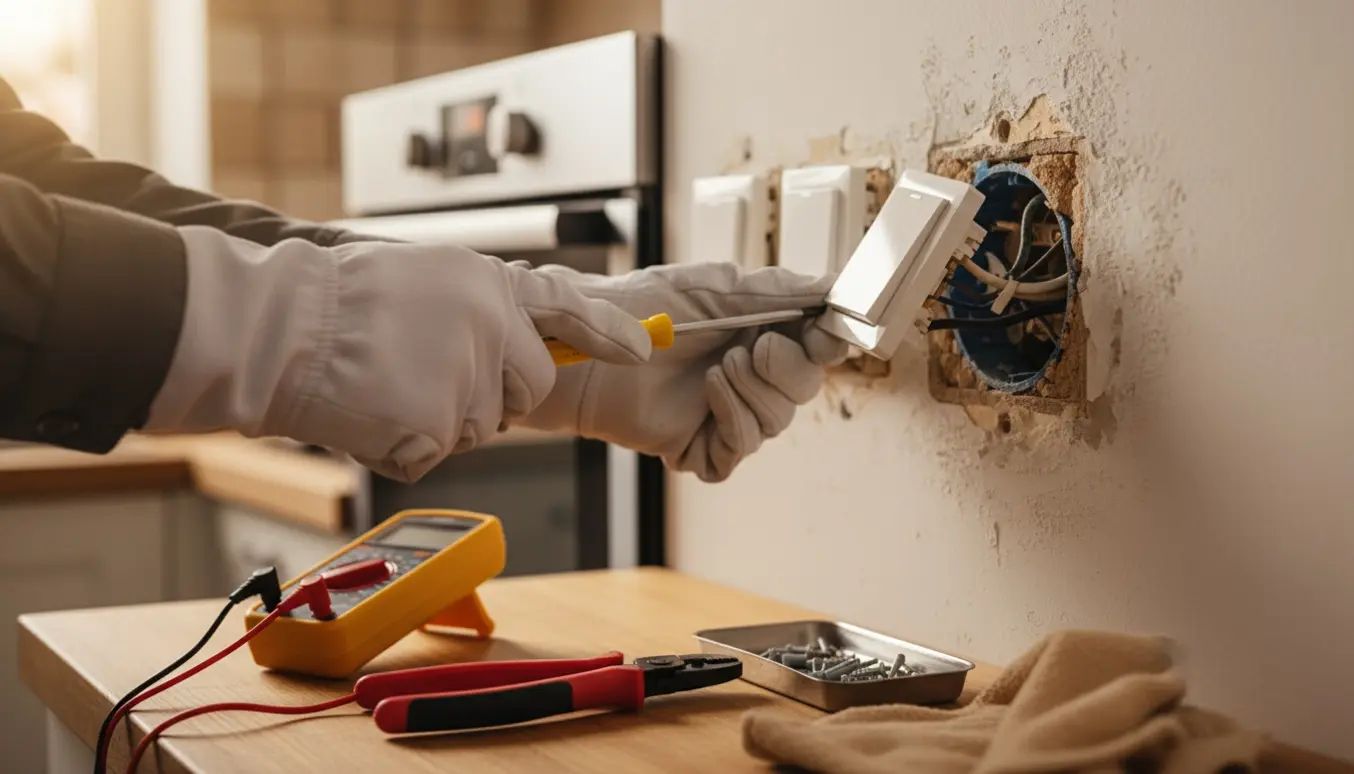 Hænder udskifter en hvid ovnafbryder og to moderne afbrydere i et køkken med værktøj på en bordplade.