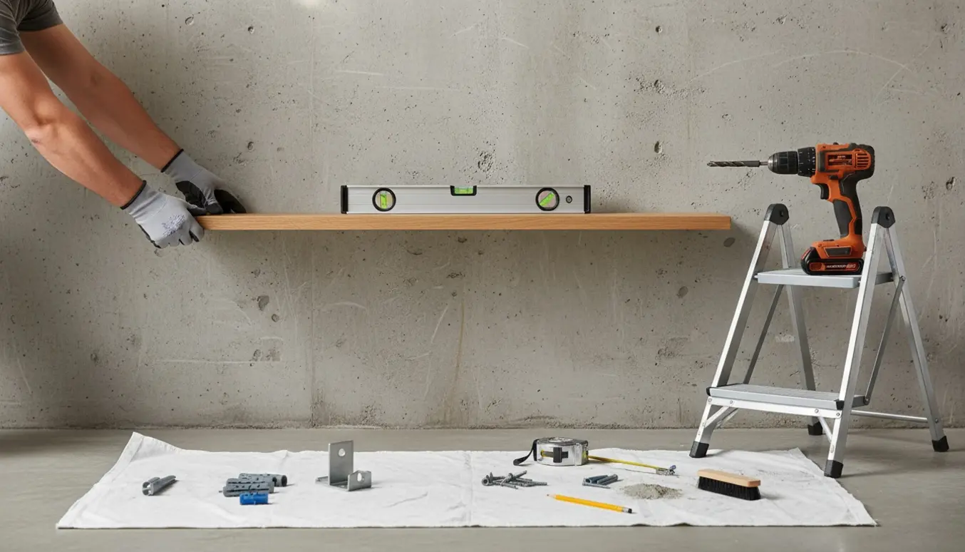 Matlakeret egetræsreol monteres på en rå betonvæg med bor, rawlplugs og vaterpas.