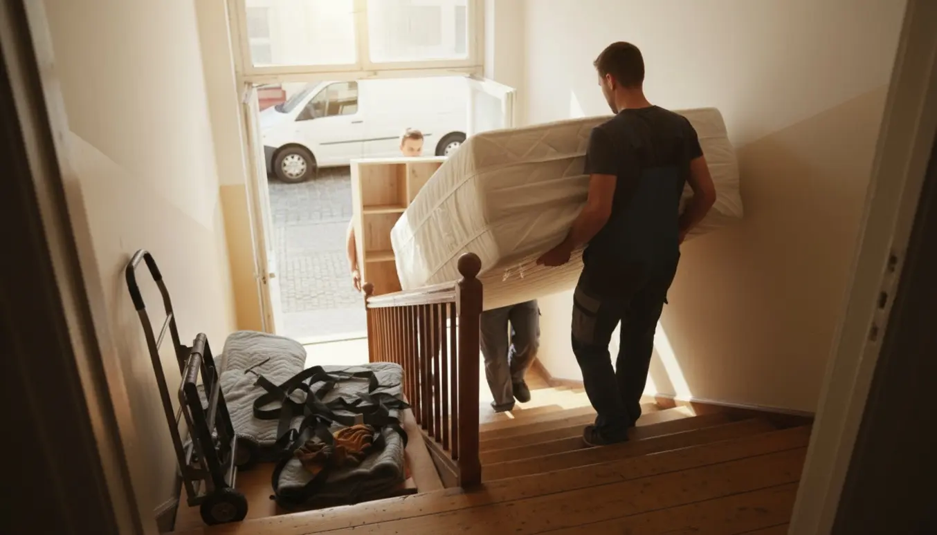 To personer bærer en boxmadras og en trækassereol ned ad en opgang mod en åben varevogn.