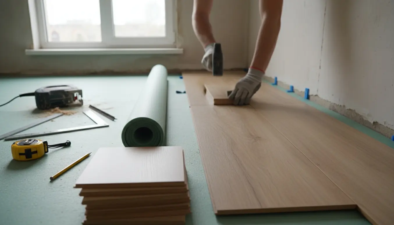 Laminatgulv under lægning i et lille rum med værktøj, underlag og synlige mellemrum ved væggen.