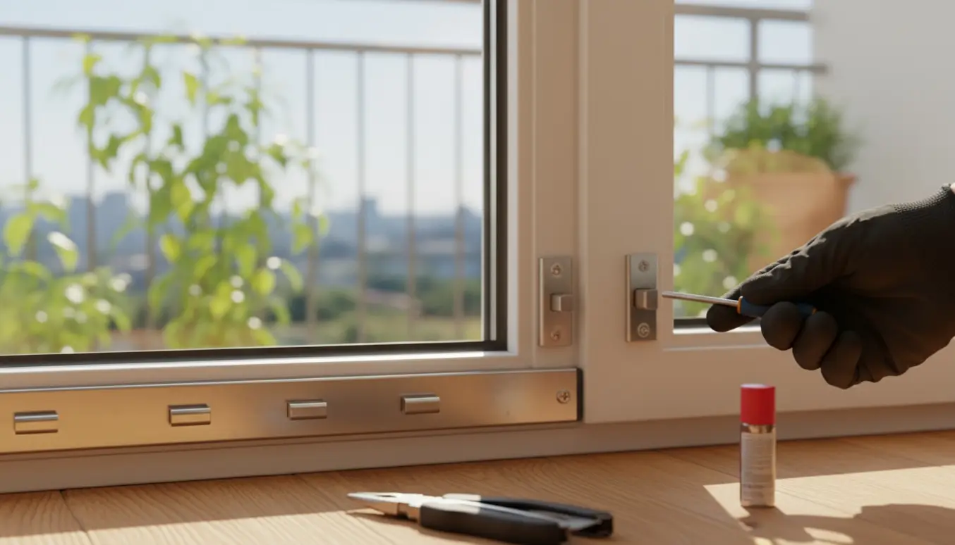 Nærbillede af en hånd med værktøj, der forsøger at løsne en øverste fastlåst kolbe i kanten af en altandør.