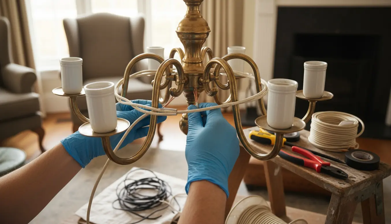 Lysekrone med seks udtag, hvor en elektriker trækker ny ledning i en cirkel rundt om armene.