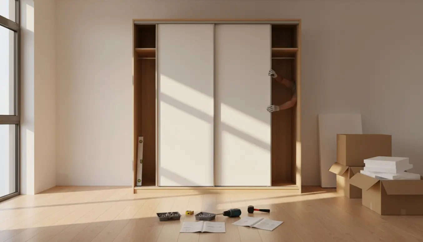 Delvist samlet garderobestel med skydedøre og værktøj i et lyst, tomt værelse.