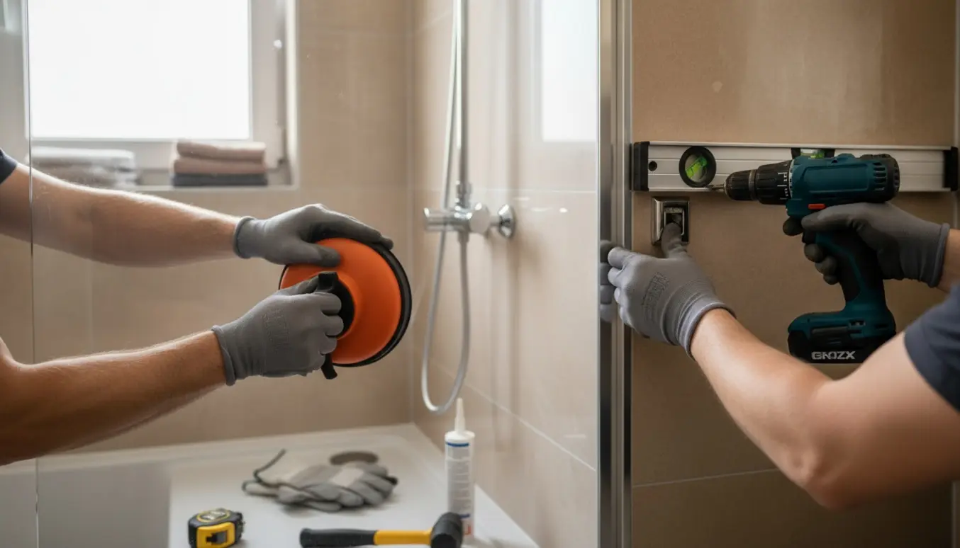 To håndværkere monterer en glas brusedør i et moderne flisebadeværelse.