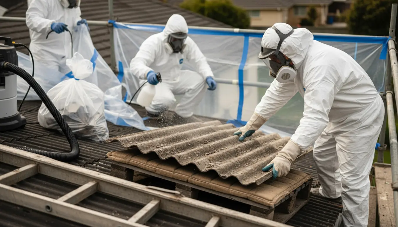 Fjernelse af asbesttag med beskyttelsesdragter, åndedrætsværn og afdækning.