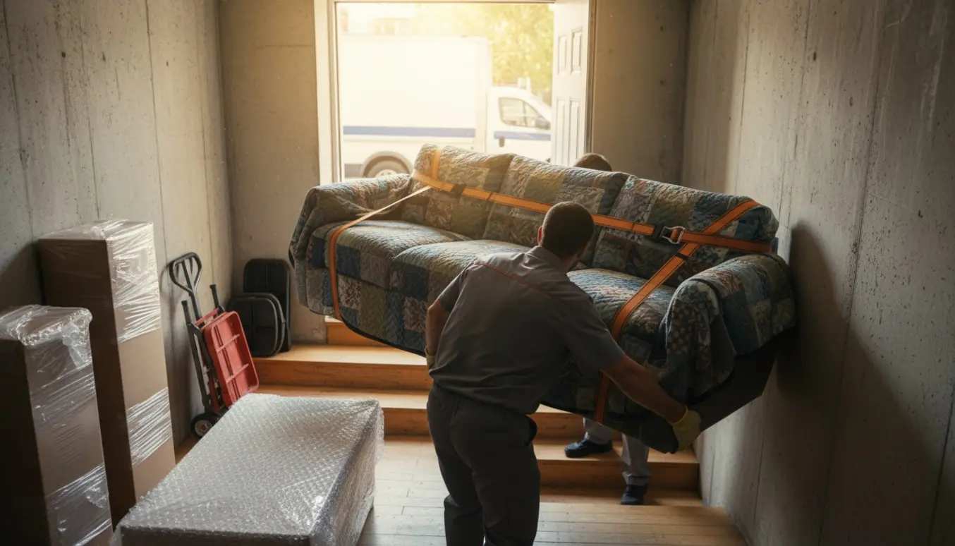 Flyttemænd bærer en 3-personers sofa op ad en kældertrappe mod stueetagen med flyttevogn udenfor.