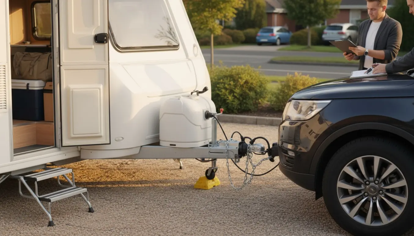 Nærbillede af hænder, der kroger en campingvogn fast til en SUV i indkørslen ved solnedgang.