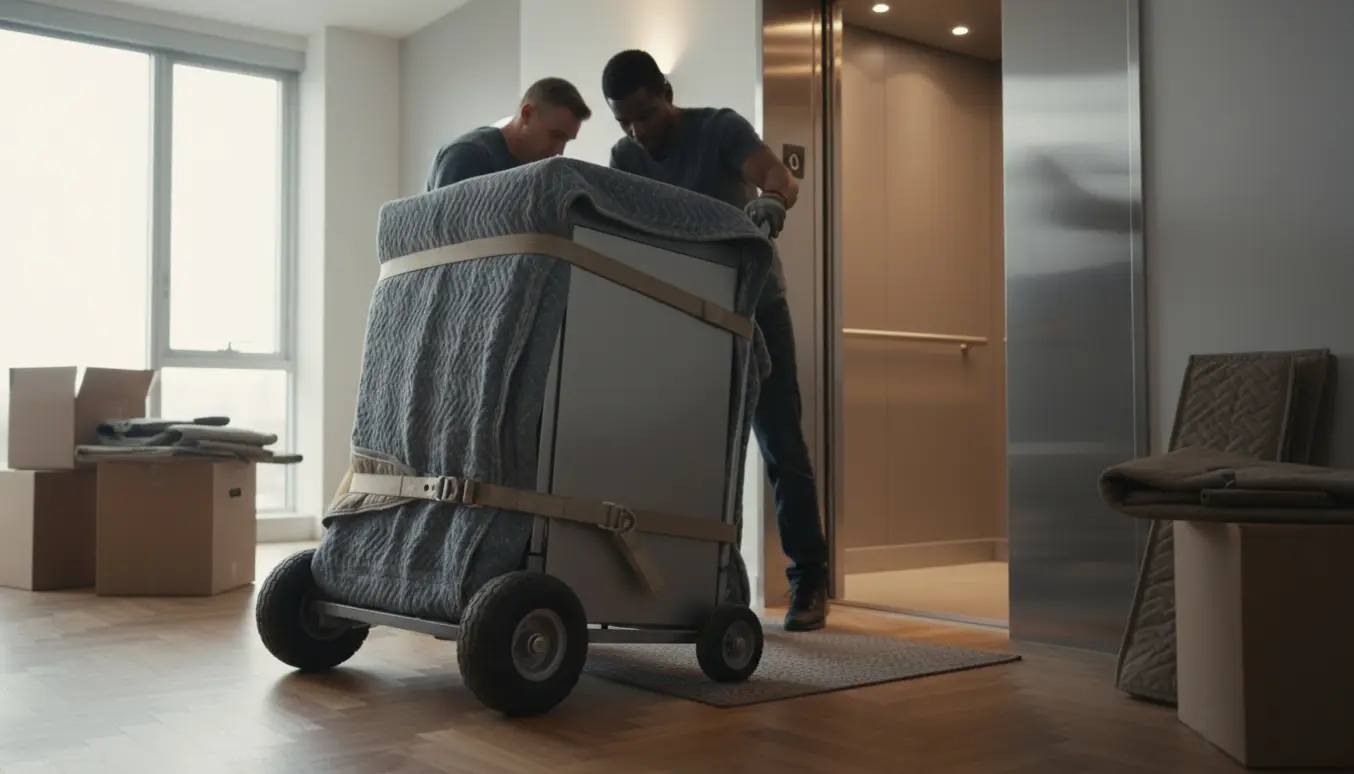 Opvaskemaskine indpakket i flyttetæpper på en trillebår, lastet ind i en elevator af to flyttefolk.