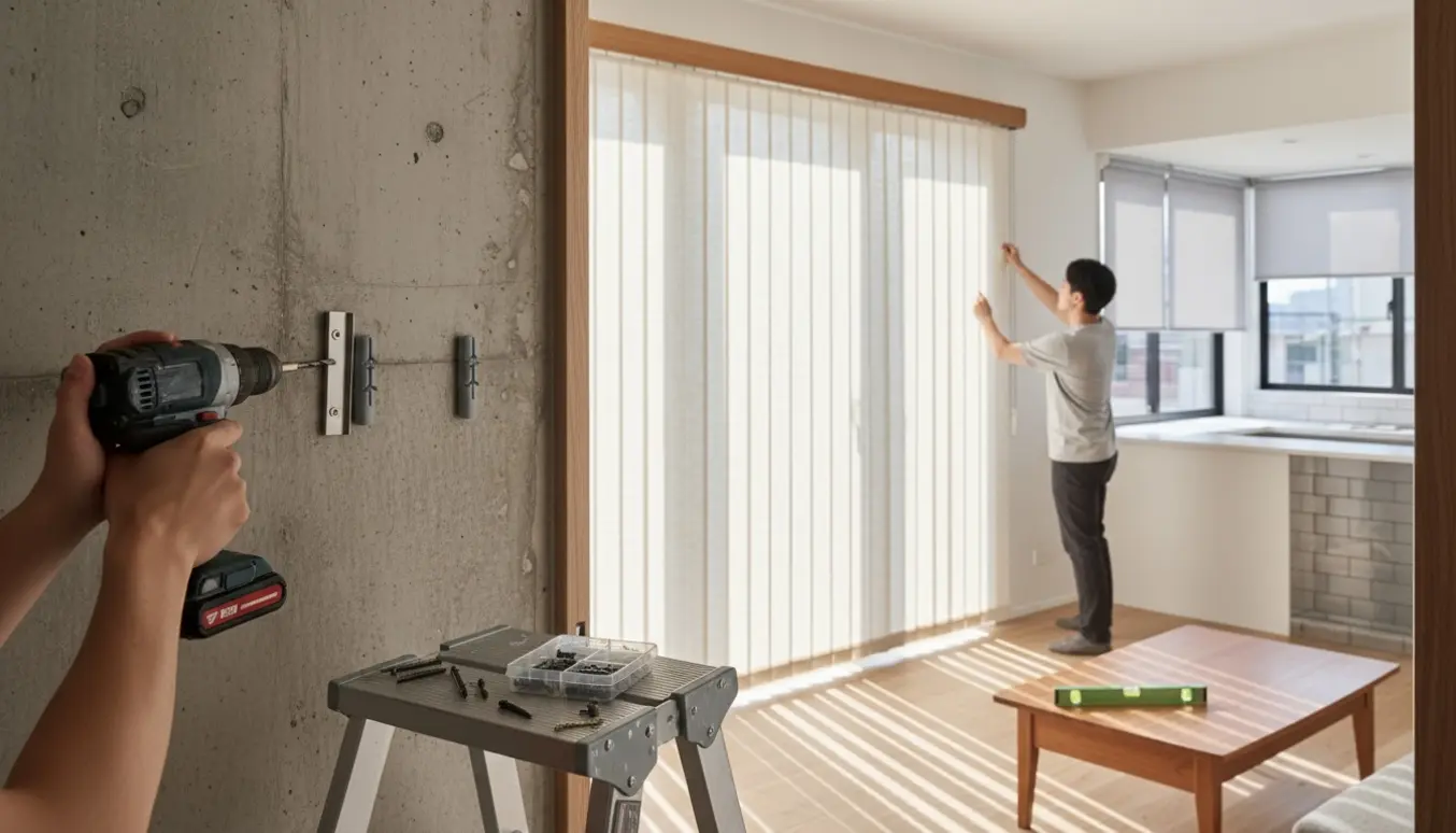 Hænder monterer gardinstang i beton med lamelgardiner i stuen og rullegardiner i køkkenet i baggrunden.