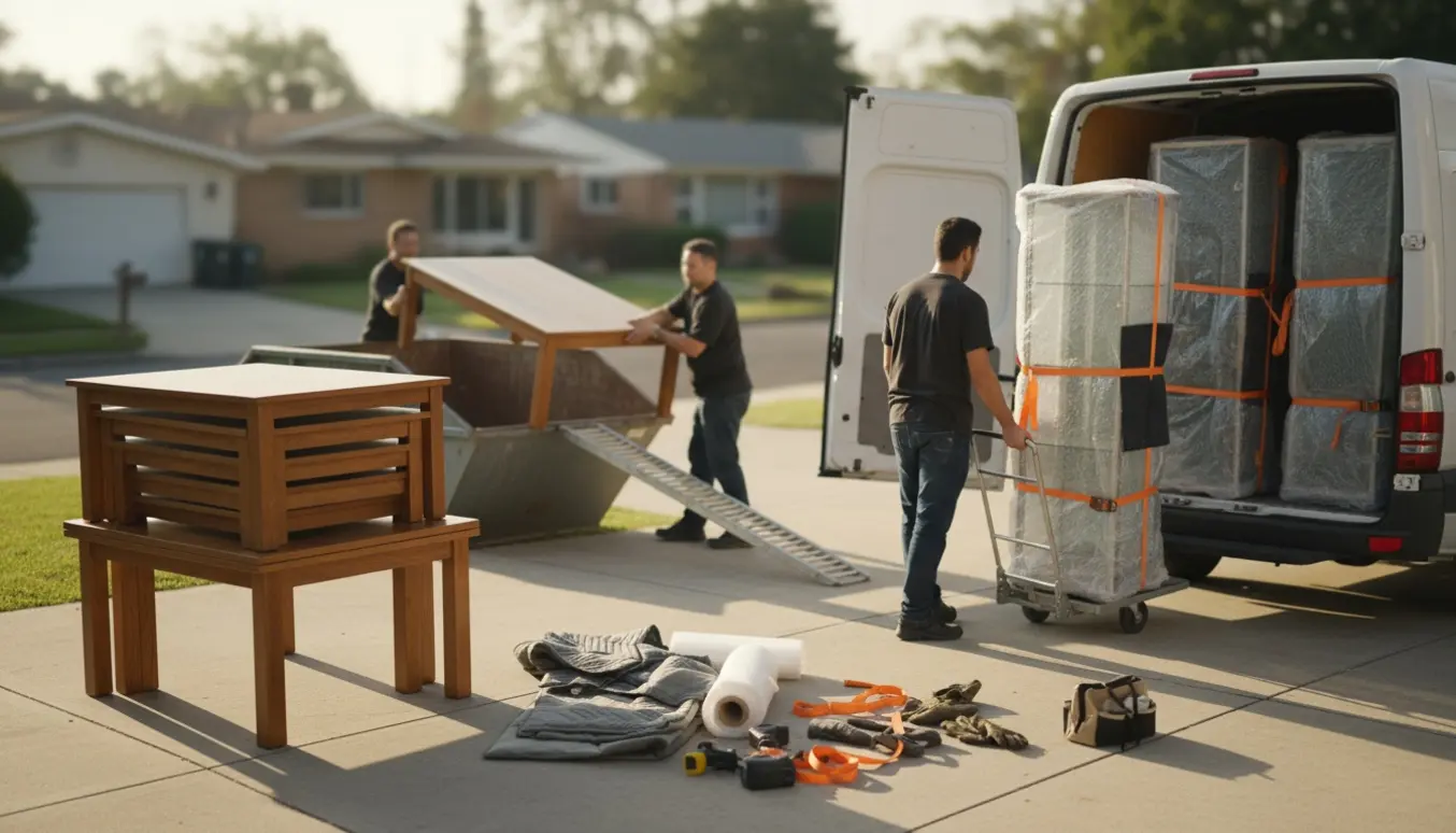 To flyttemænd læsser spiseborde i en container, mens indpakkede vitriner bliver sikret og kørt ind i en stor varevogn.