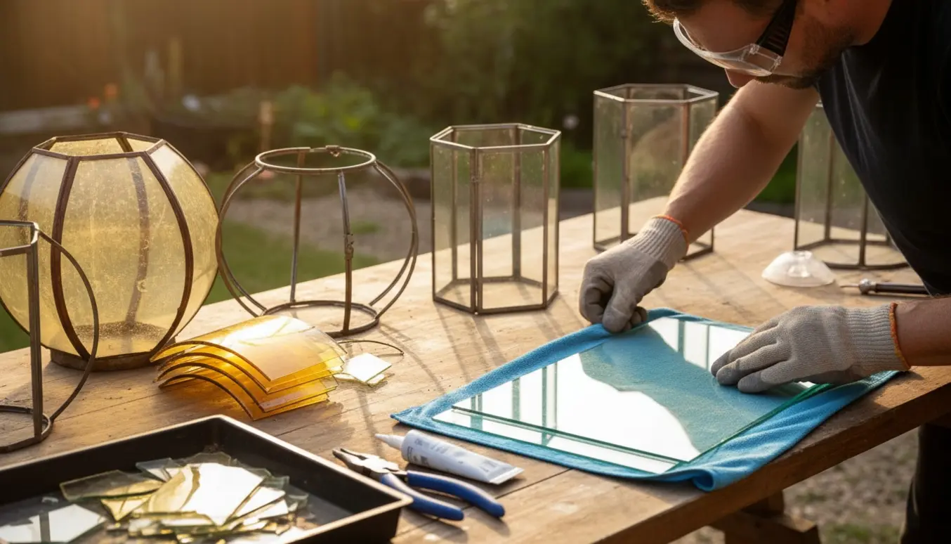 Hænder udskifter gulnet glas med klart glas i havelamper på et arbejdsbord i en solbeskinnet have.