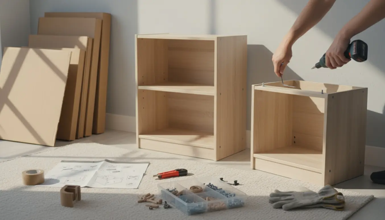 Hænder samler to møbler i en lys stue med værktøj og sammenfoldet pap klar til bortskaffelse.