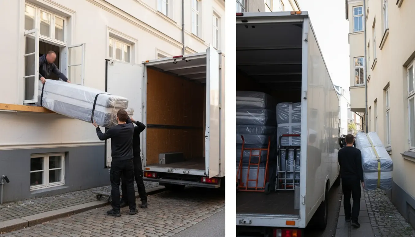 Flyttefolk sænker en pakket madras fra første sal ved Vesterbro og laster den i en flyttebil, mens et andet hold bærer den op på en lejlighed på Amager.