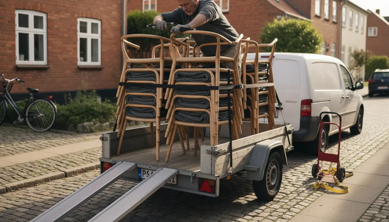 Trailer og varevogn læsset med 10 stole på en dansk villavej, klar til transport.