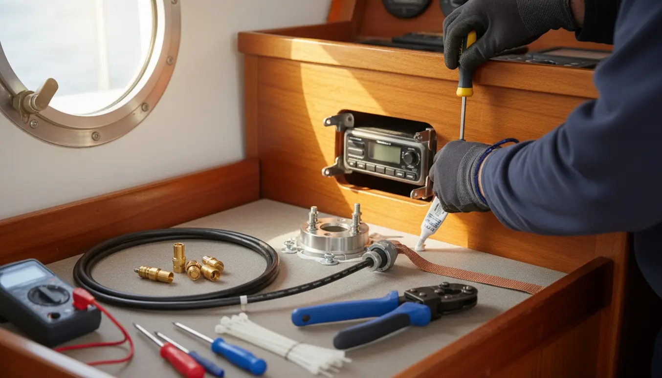 Installation af en marine MF-radio i en båds navigationsstation med antenne og jordforbindelse.